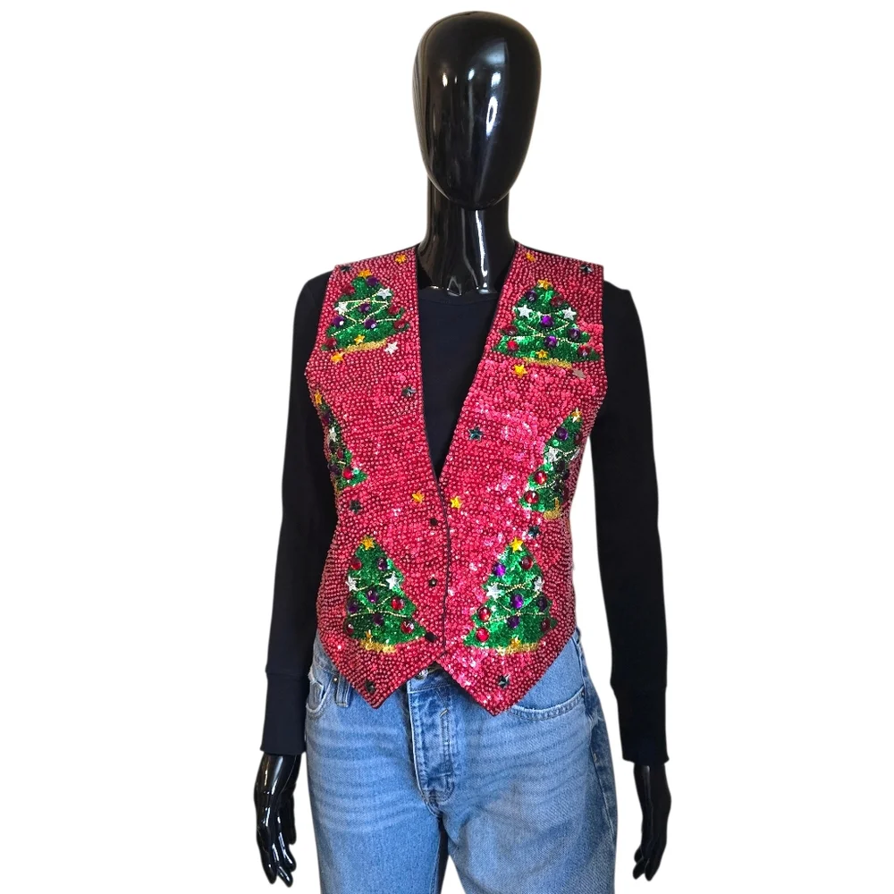 Vintage 90s JC Christmas Tree Sequin and Jewel Vest | Size Small - Picture 5 of 17